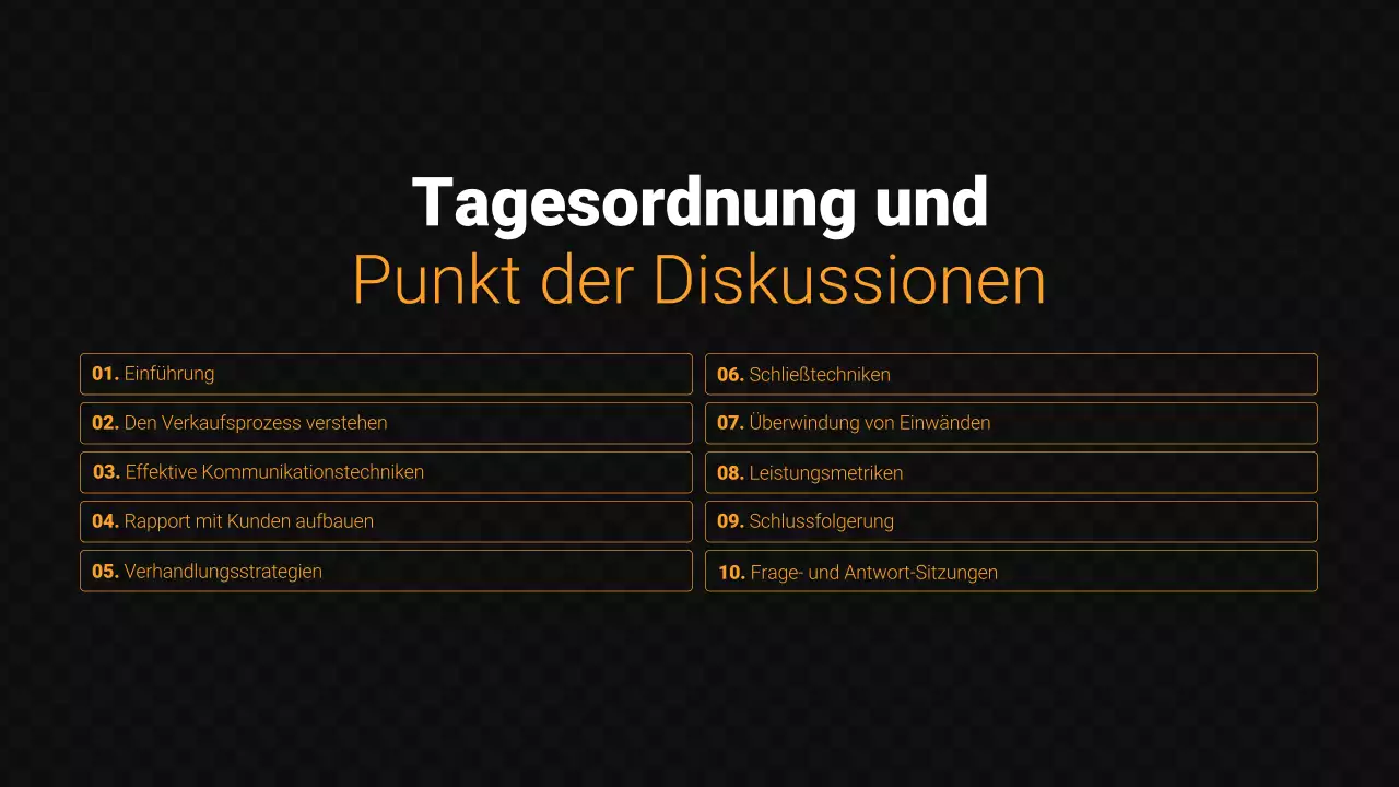 Verkaufspräsentation in Schwarz und Orange