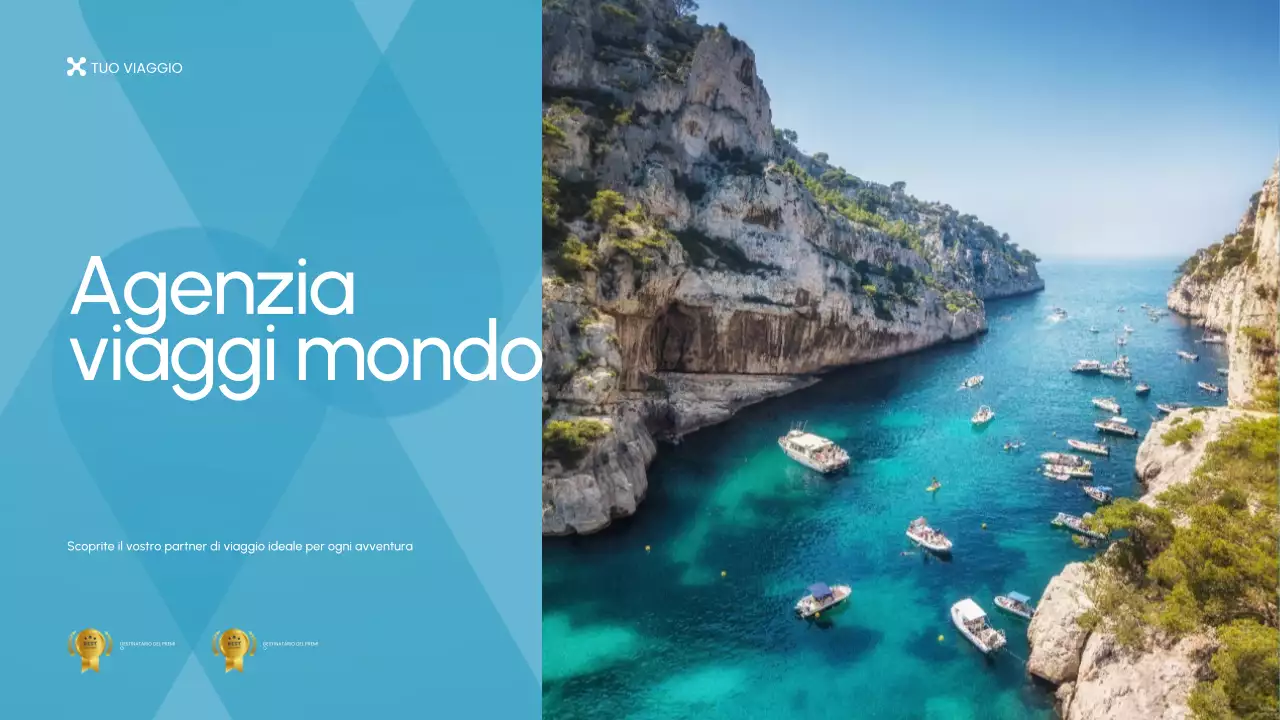 Presentazione della promozione dell'agenzia di viaggi blu e bianca