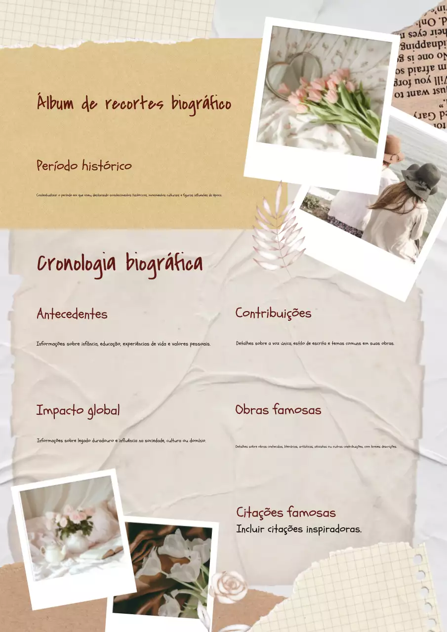álbum de recortes biográfico vintage bege