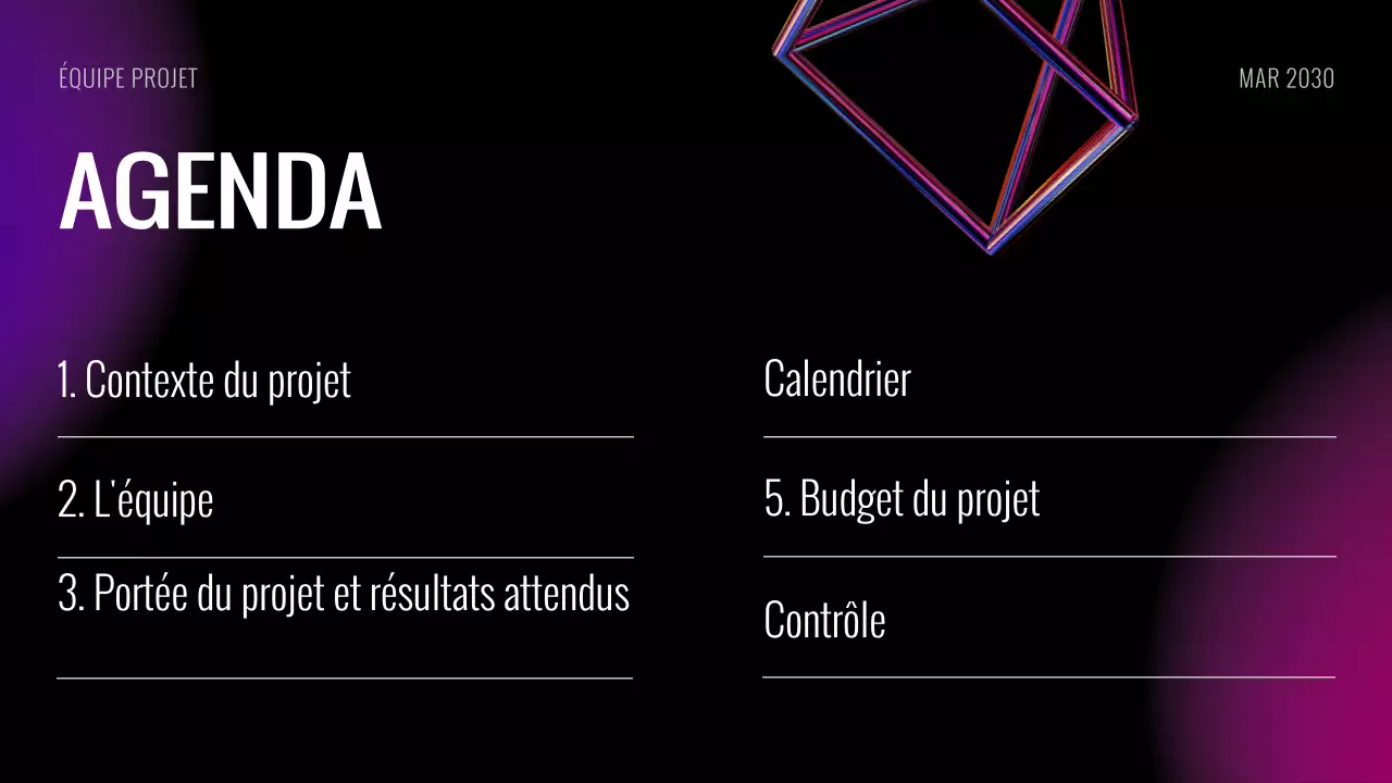 Diaporama de la réunion de lancement du projet futuriste noir violet