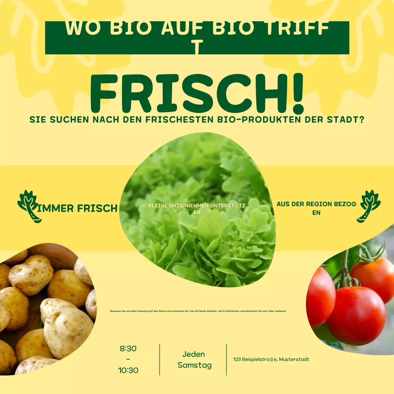 Gelb und Grün Verspielte Werbung für den Bio-Lebensmittelmarkt