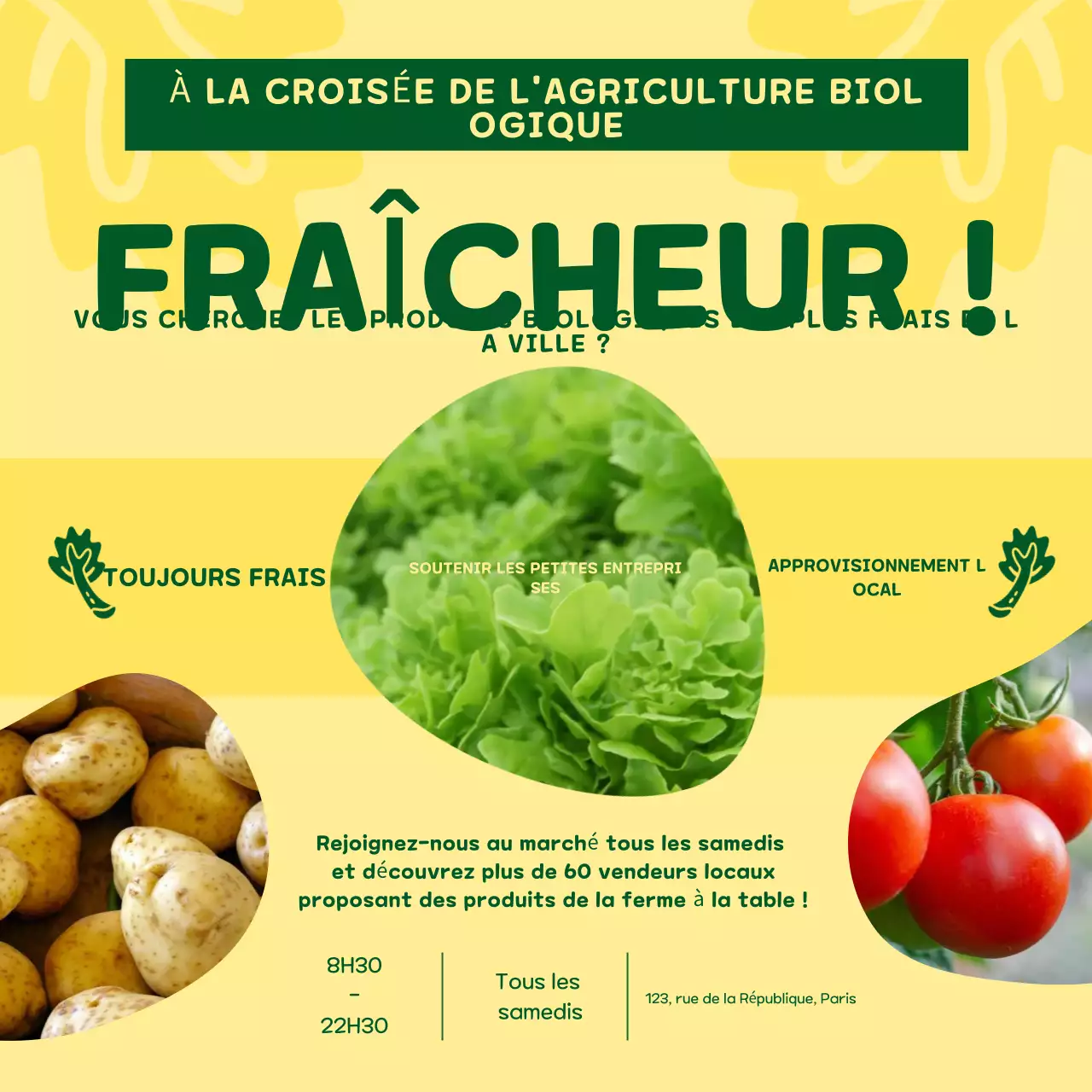 Promotion ludique jaune et verte sur le marché de l'alimentation biologique
