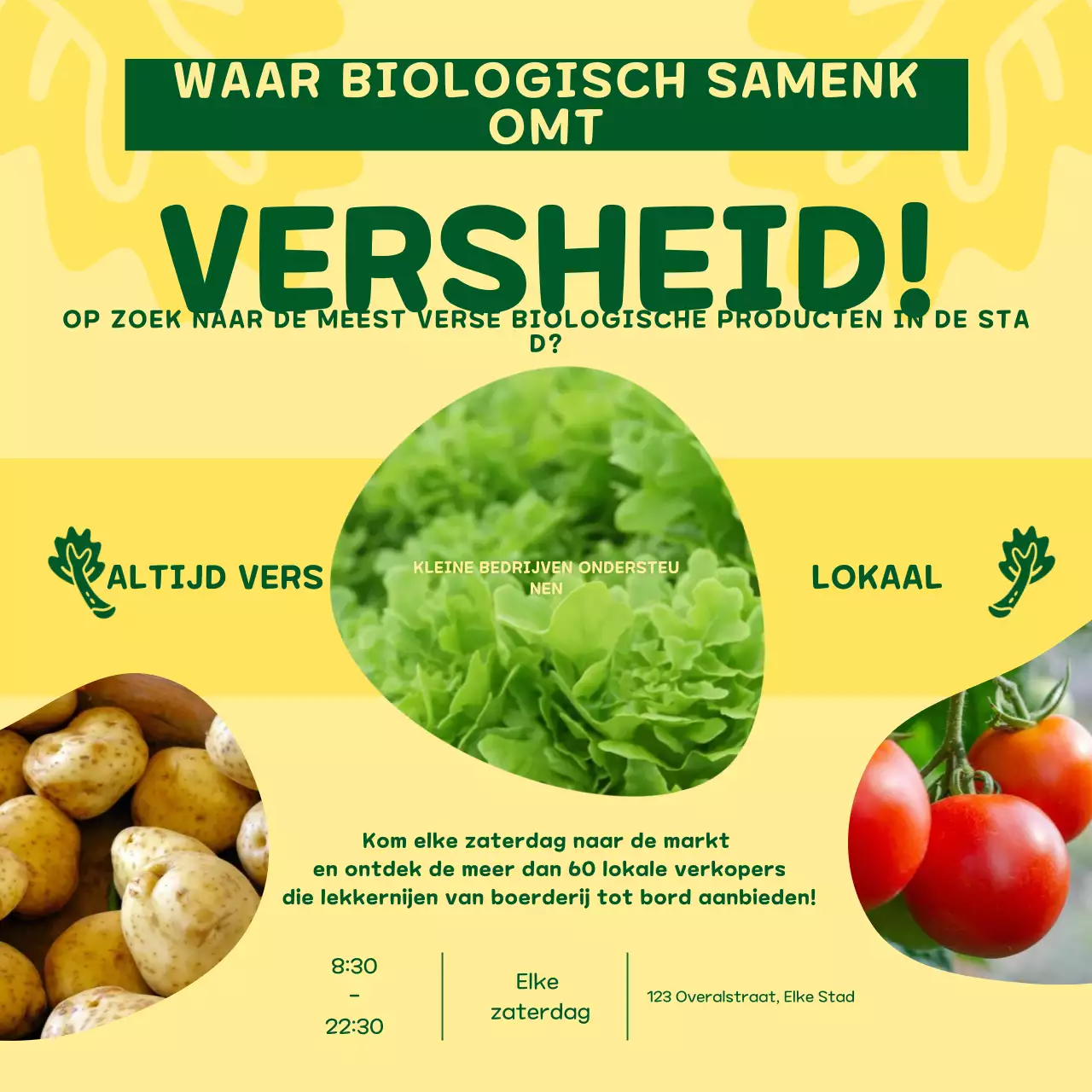 Geel en groen speelse marktpromotie voor biologisch voedsel