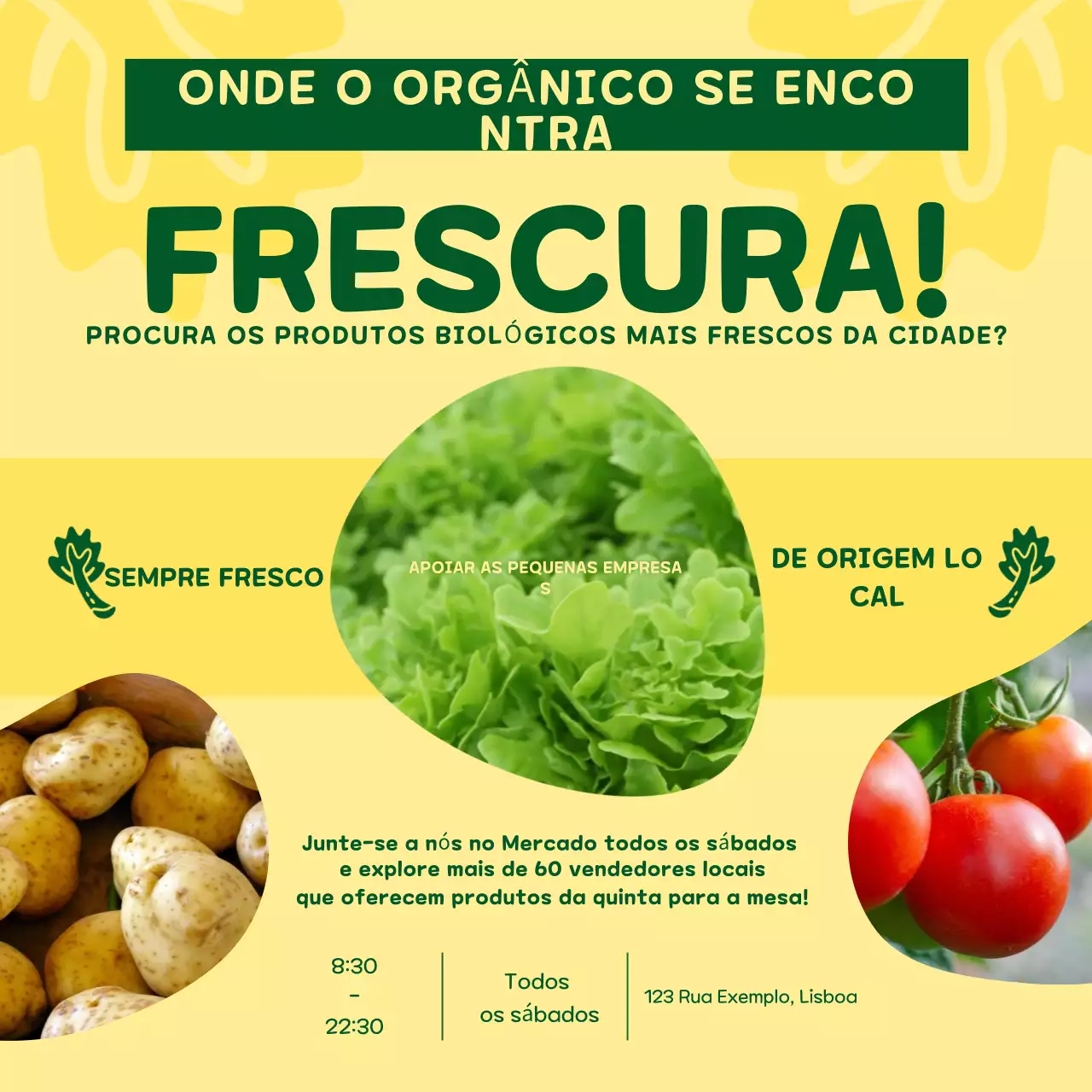 Promoção lúdica amarela e verde do mercado de alimentos biológicos