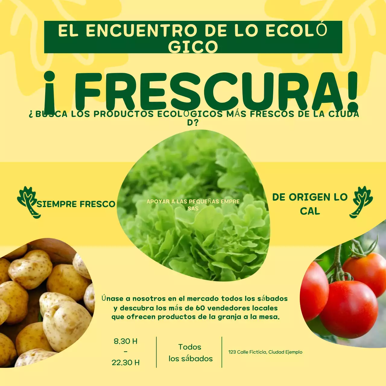 Promoción lúdica amarilla y verde del mercado de alimentos ecológicos