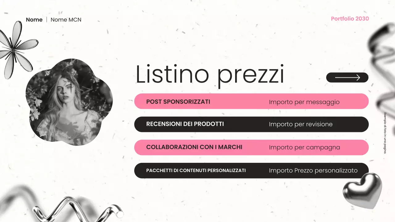 presentazione del portfolio di un creatore di contenuti moderno in metallo nero e rosa