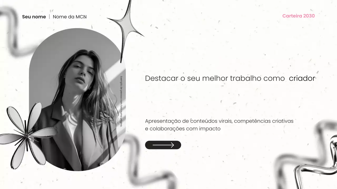 apresentação de portefólio de criador de conteúdos moderno em metal preto e cor-de-rosa