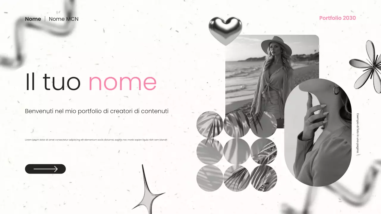 presentazione del portfolio di un creatore di contenuti moderno in metallo nero e rosa