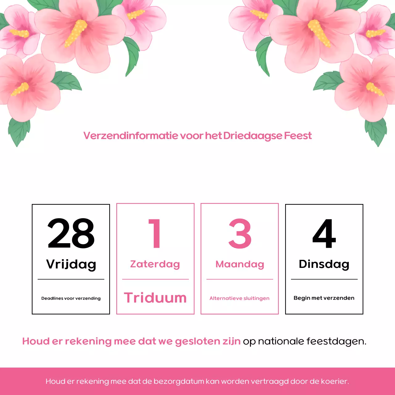 Een eenvoudig roze en zwart leveringsbericht voor Drievuldigheidsdag