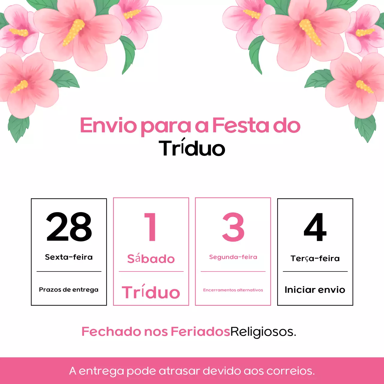 Um simples aviso de entrega do Dia da Trindade em cor-de-rosa e preto