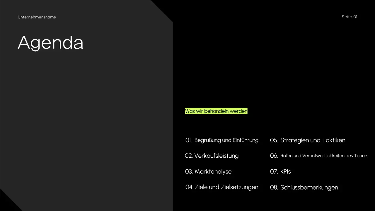 Minimalistische, dunkle, schlanke Präsentation der Verkaufsstrategie
