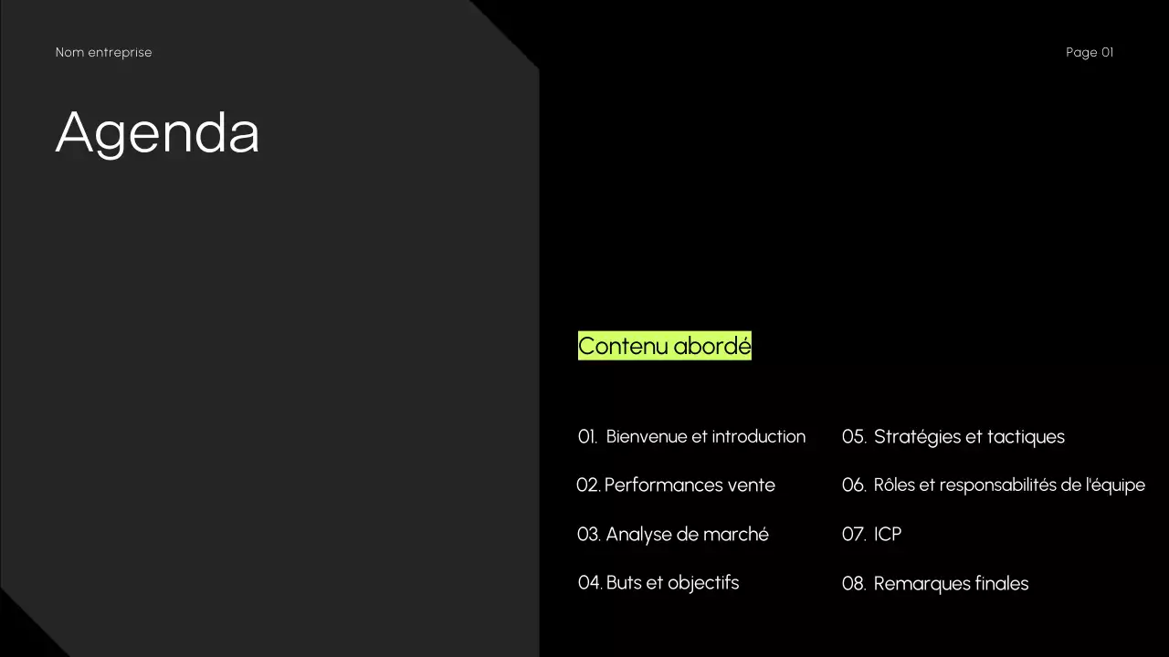 Présentation minimale, sombre et épurée de la stratégie de vente