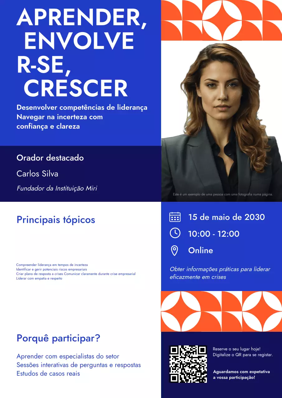 Cartaz do webinar empresarial azul e laranja