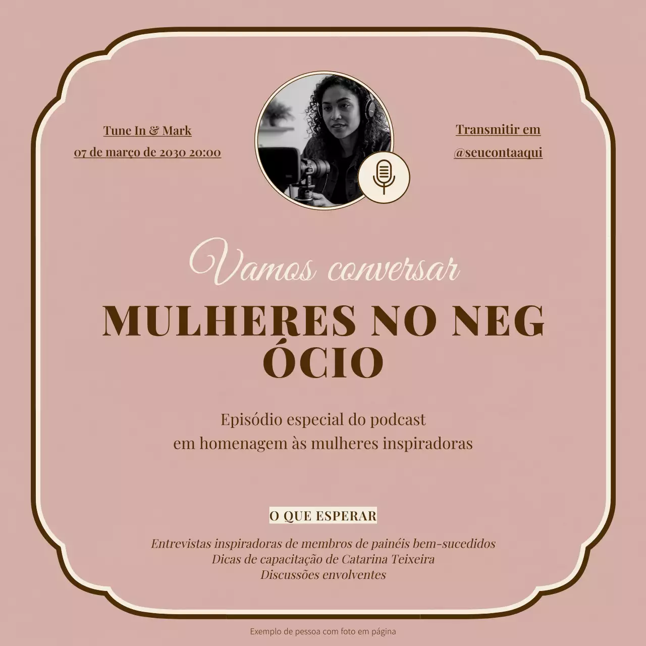 Publicação promocional para a publicação de podcast sobre o Dia da Mulher