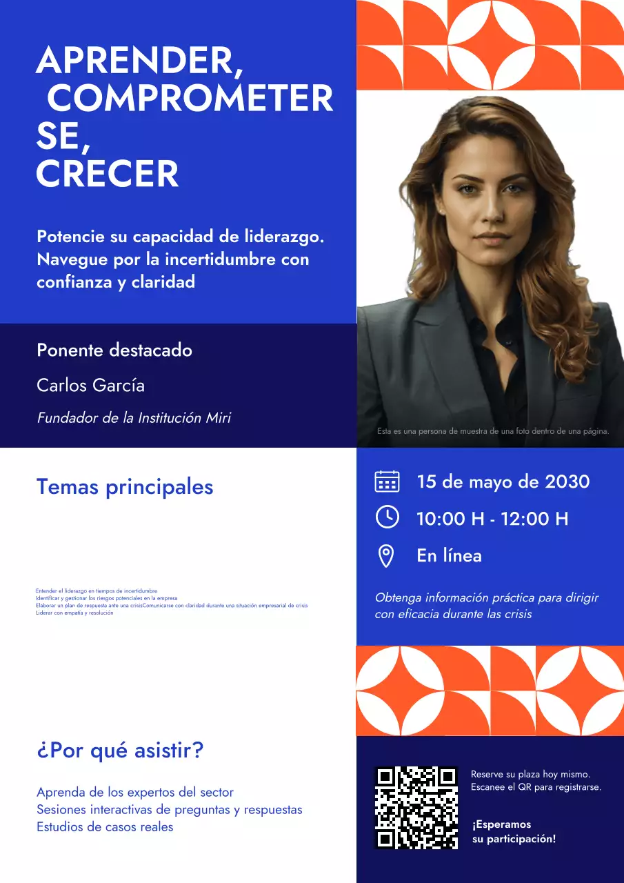 Póster del seminario web empresarial azul y naranja