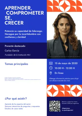 Póster del seminario web empresarial azul y naranja