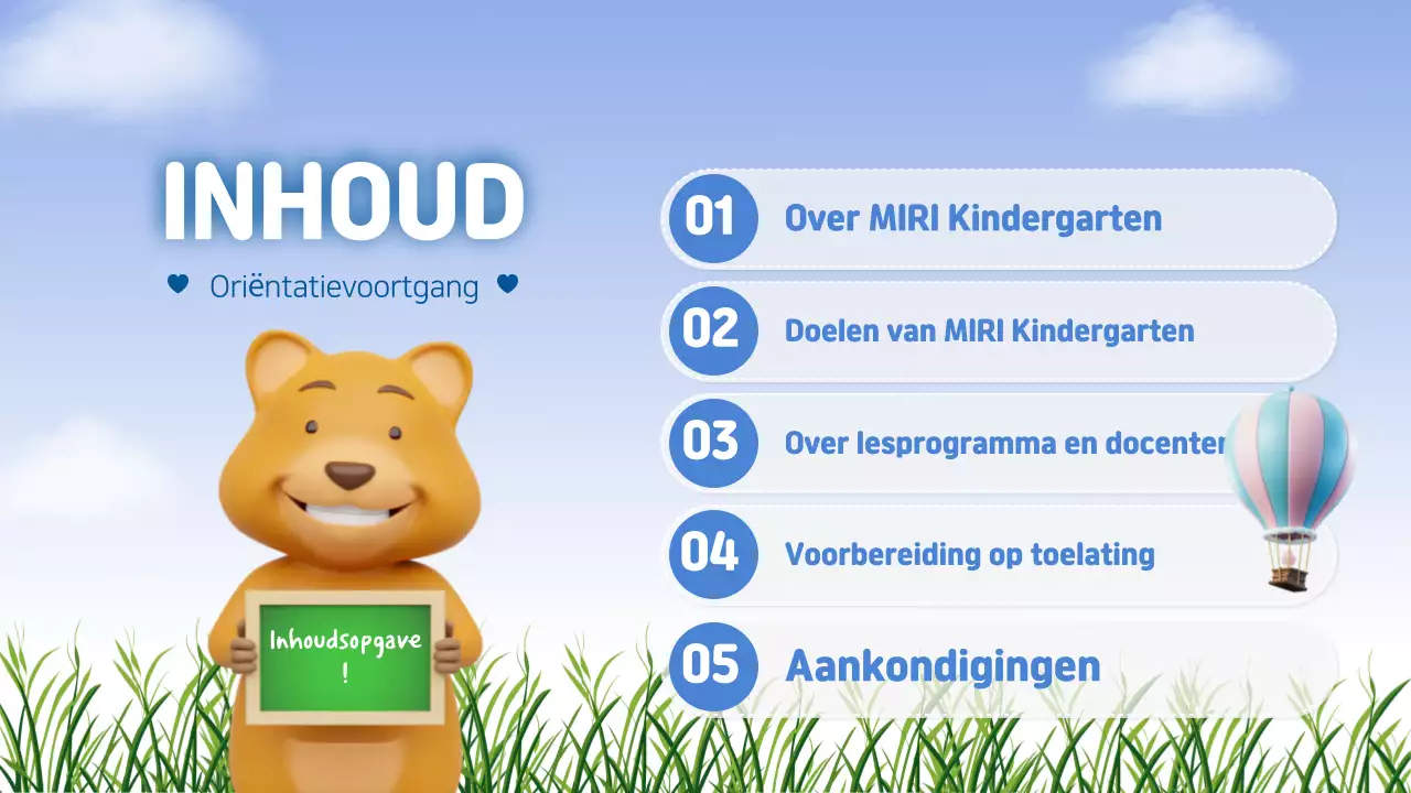 Natuurlijke kleuterschool oriëntatie presentatie in lichtblauw en groen