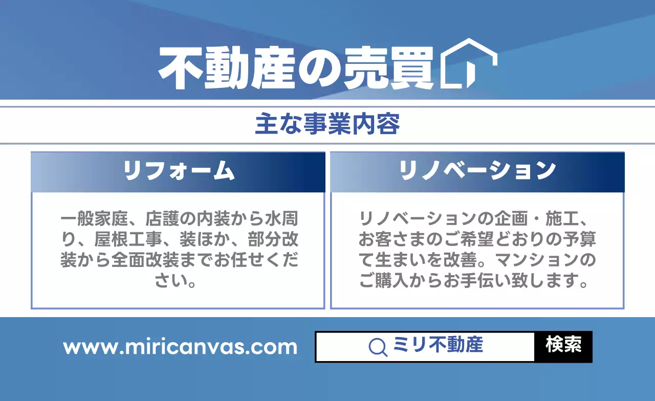 青 シンプル 不動産 事業内容 名刺