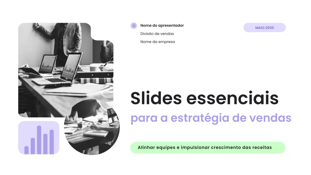 apresentação de estratégia de vendas moderna em roxo e menta