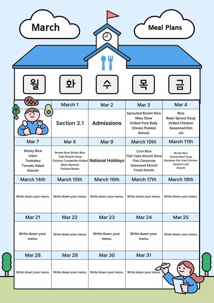 Thực đơn trường học dễ thương màu xanh da trời