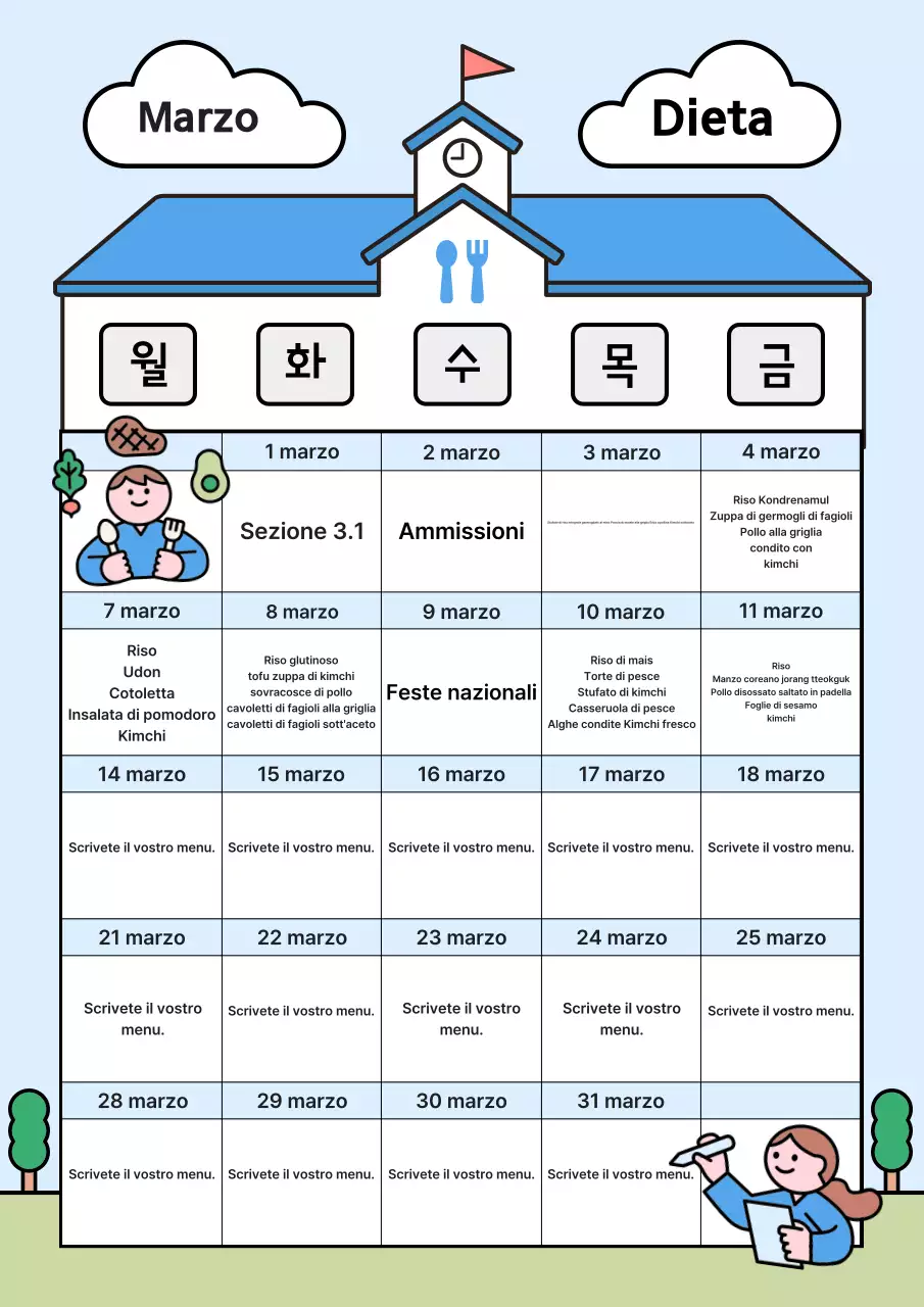Simpatica lavagna per il menu scolastico in azzurro