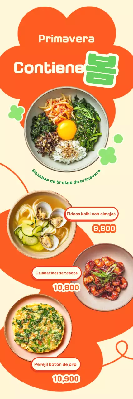 Menú de comida coreana de Orange