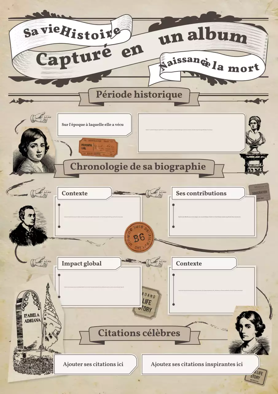 album de coupures de presse biographiques et historiques sur la journée de la femme beige vintage