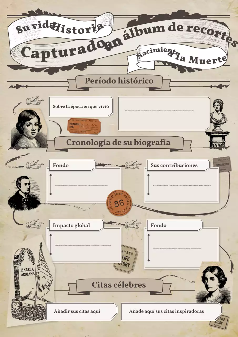 Álbum de recortes de biografía e historia del día de la mujer vintage beige