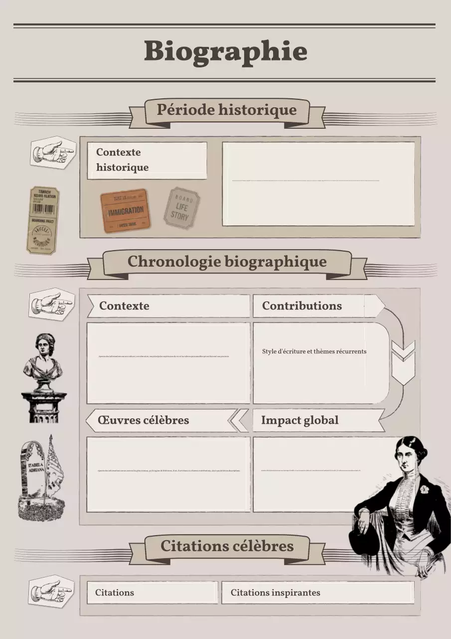 album de coupures de presse biographiques et historiques sur la journée de la femme, beige et vintage