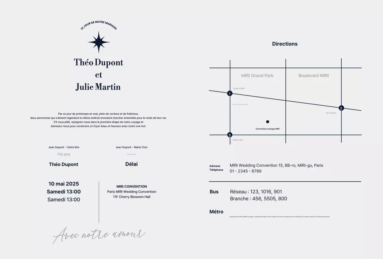 Invitation de mariage élégante bleu marine