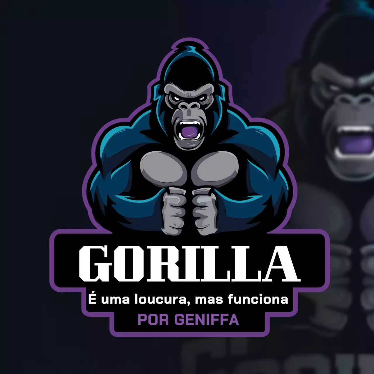 design de logotipo de gorila bravo com músculos em negrito roxo