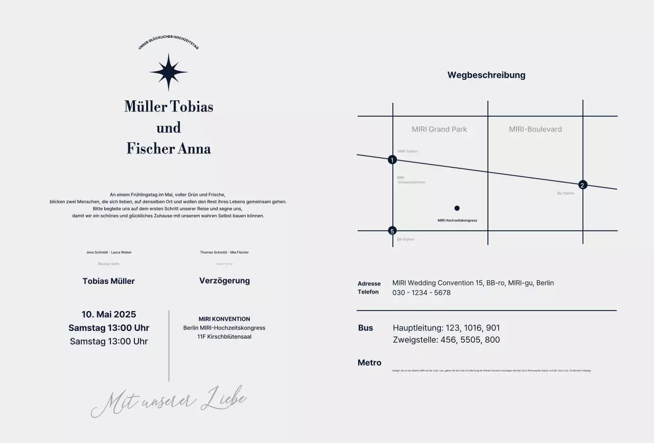 Marineblaue stilvolle Hochzeitseinladung