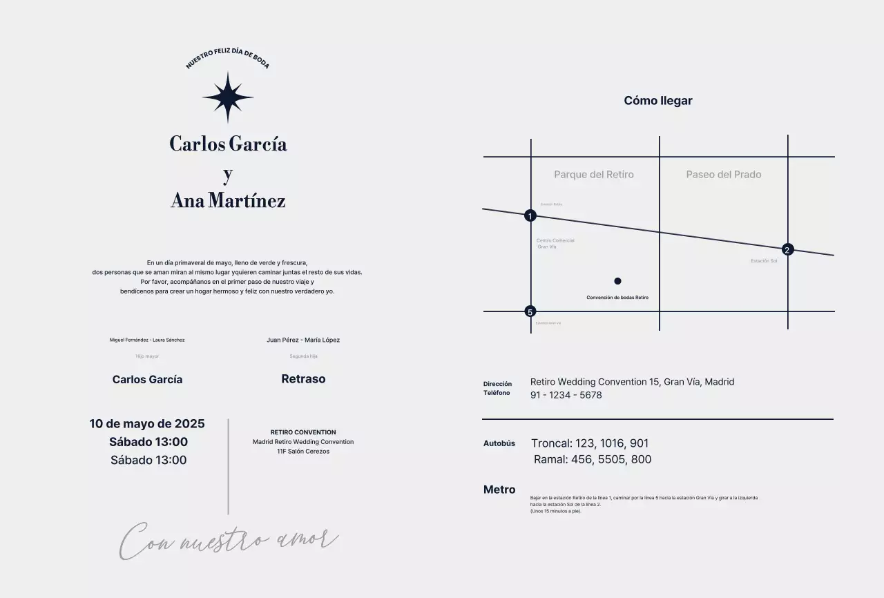 Invitación de boda elegante en color azul marino