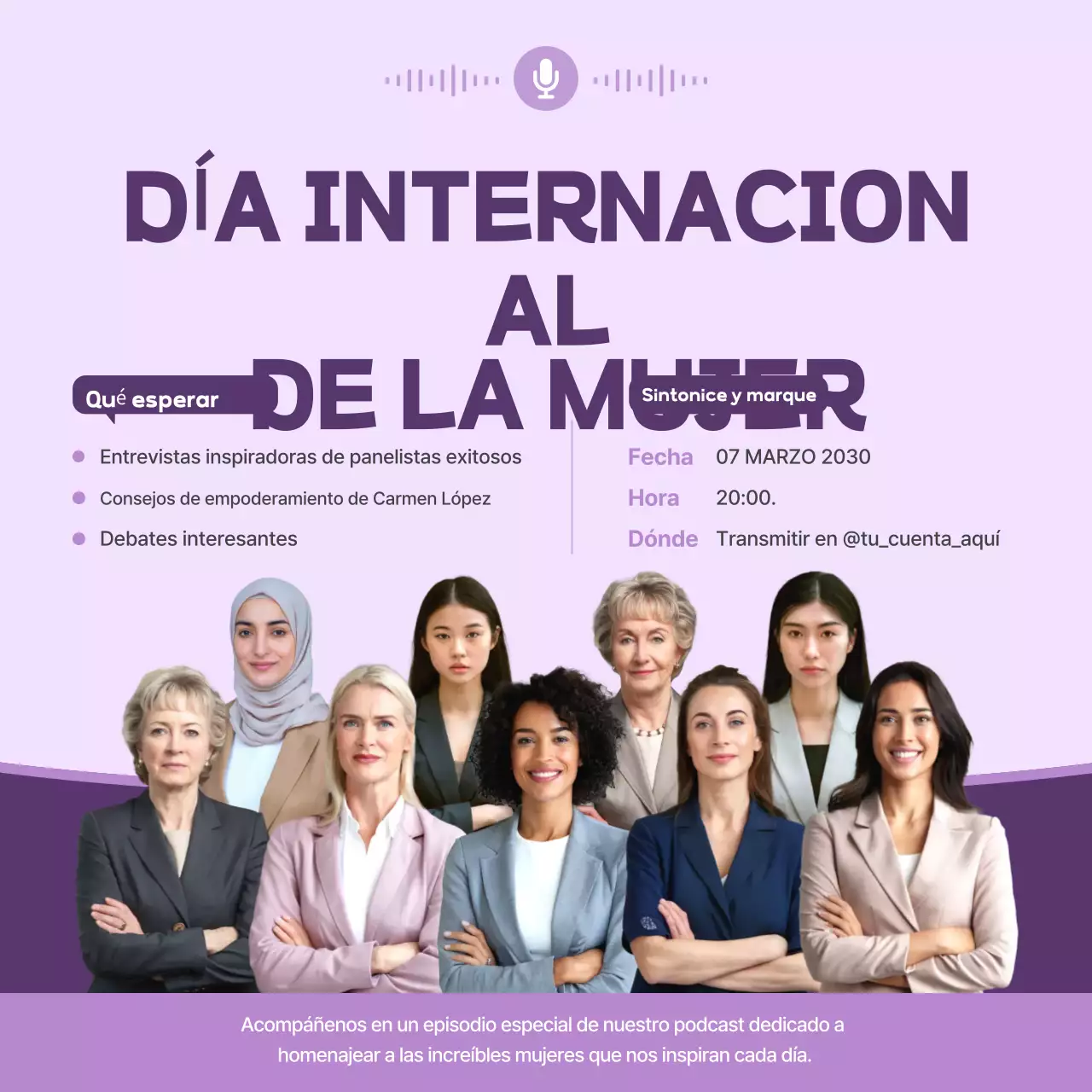 Cuadrados de redes sociales del podcast Purple Simple Women's Day