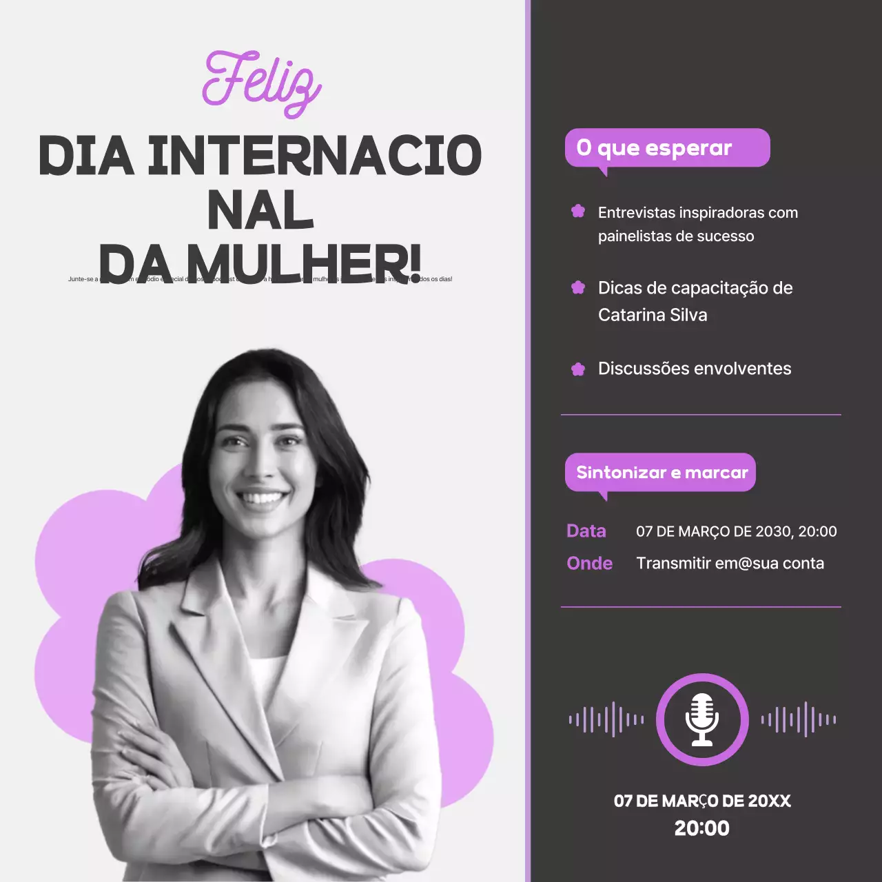 Quadrados de mídia social do podcast Purple Modern Women