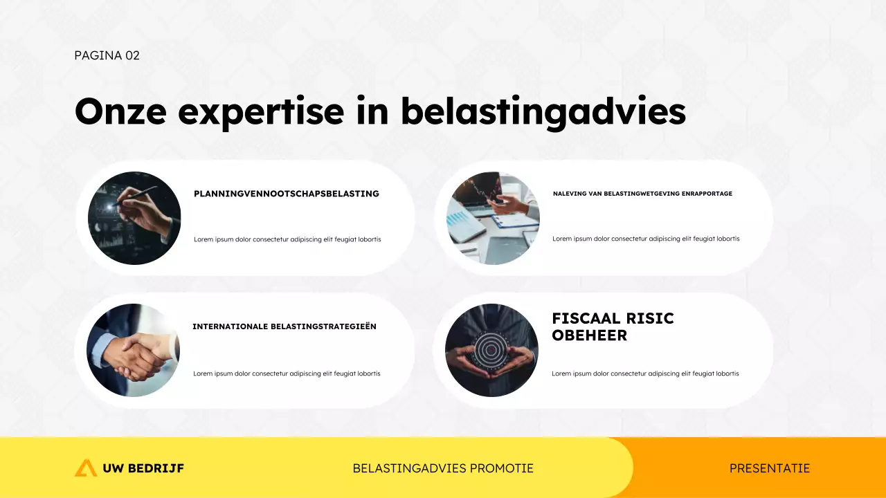 Presentatiesjabloon voor belastingadviesbureau in eenvoudige, moderne, geometrische stijl