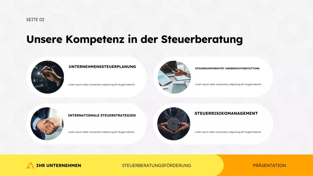 Präsentationsvorlage für die Werbung einer Steuerberatungsagentur im einfachen, modernen geometrischen Stil