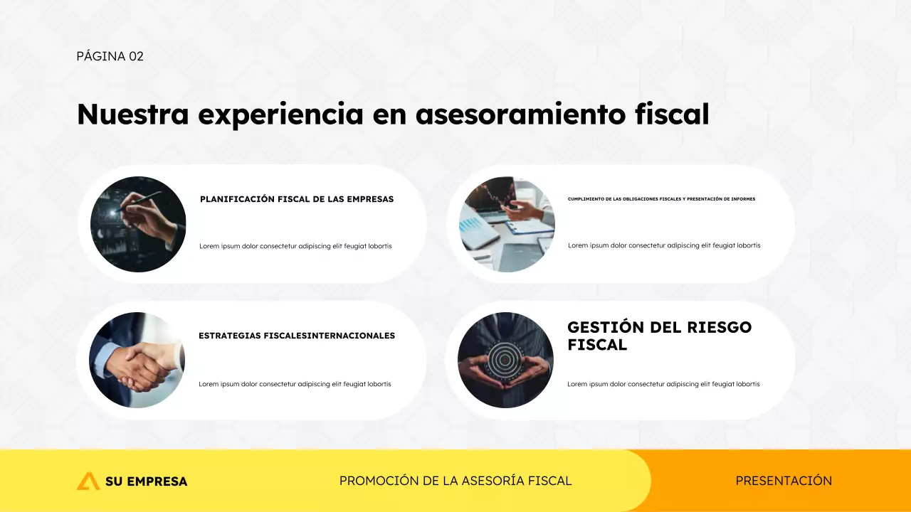 Plantilla de presentación de promoción de agencia de asesoría fiscal en estilo geométrico moderno y simple