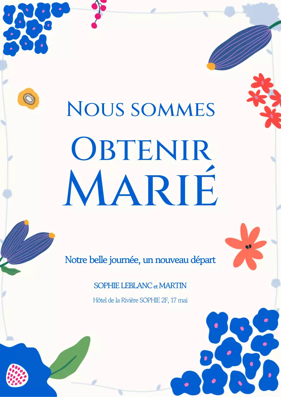 Invitation de mariage simple et bleue