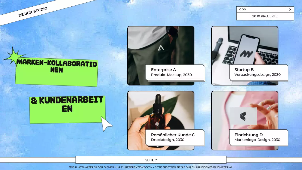 Präsentation des Grafikdesign-Portfolios in Blau und Grün