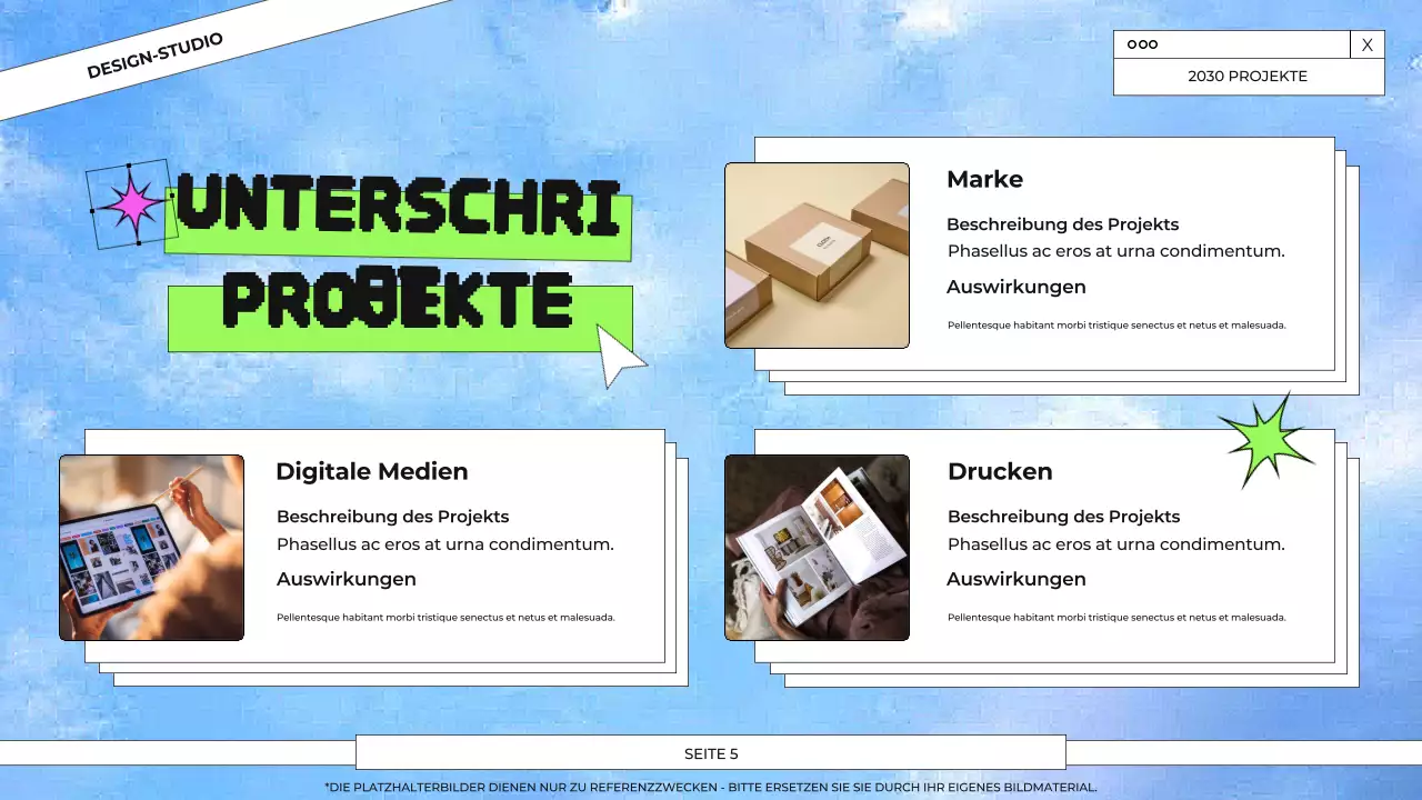 Präsentation des Grafikdesign-Portfolios in Blau und Grün