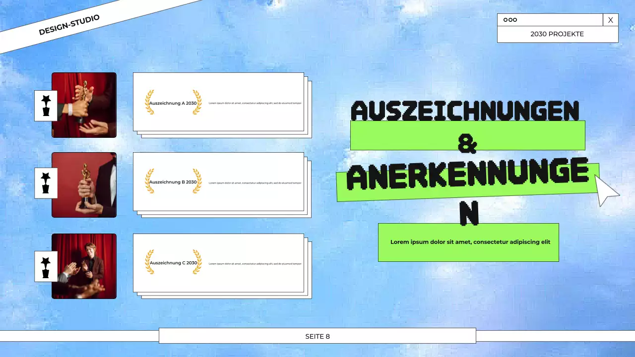 Präsentation des Grafikdesign-Portfolios in Blau und Grün