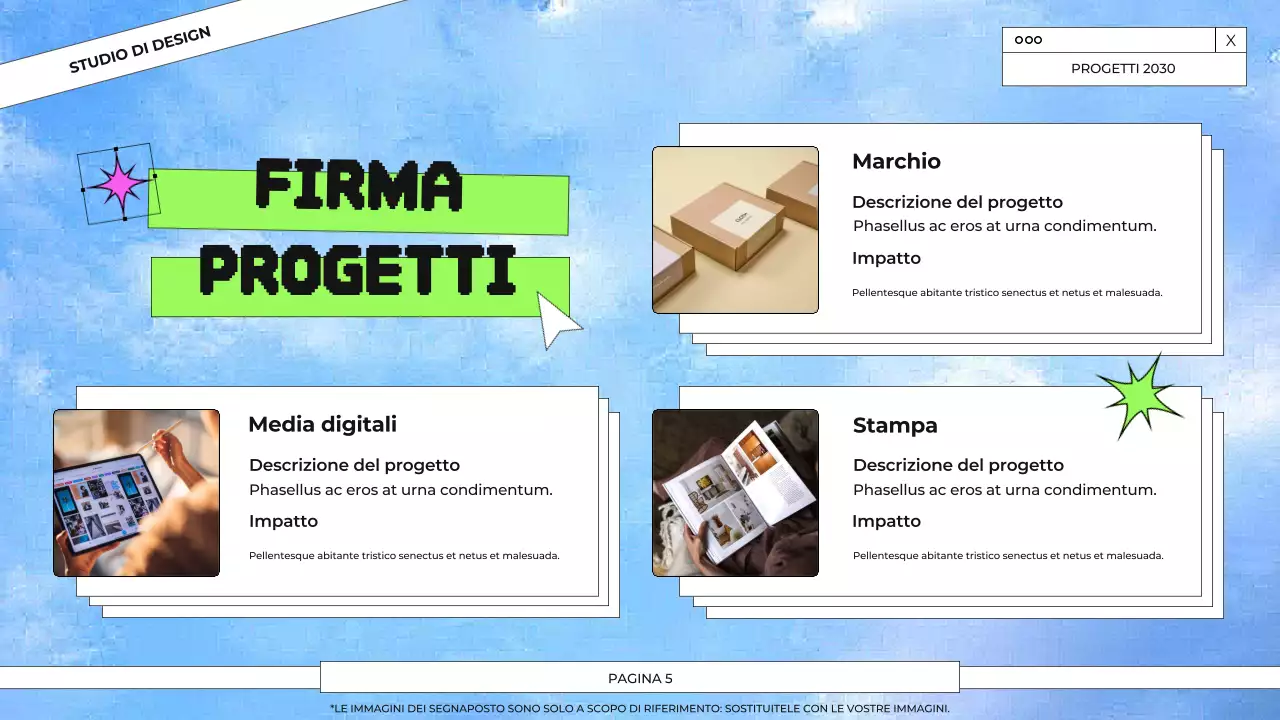 Presentazione del portfolio di progettazione grafica blu e verde