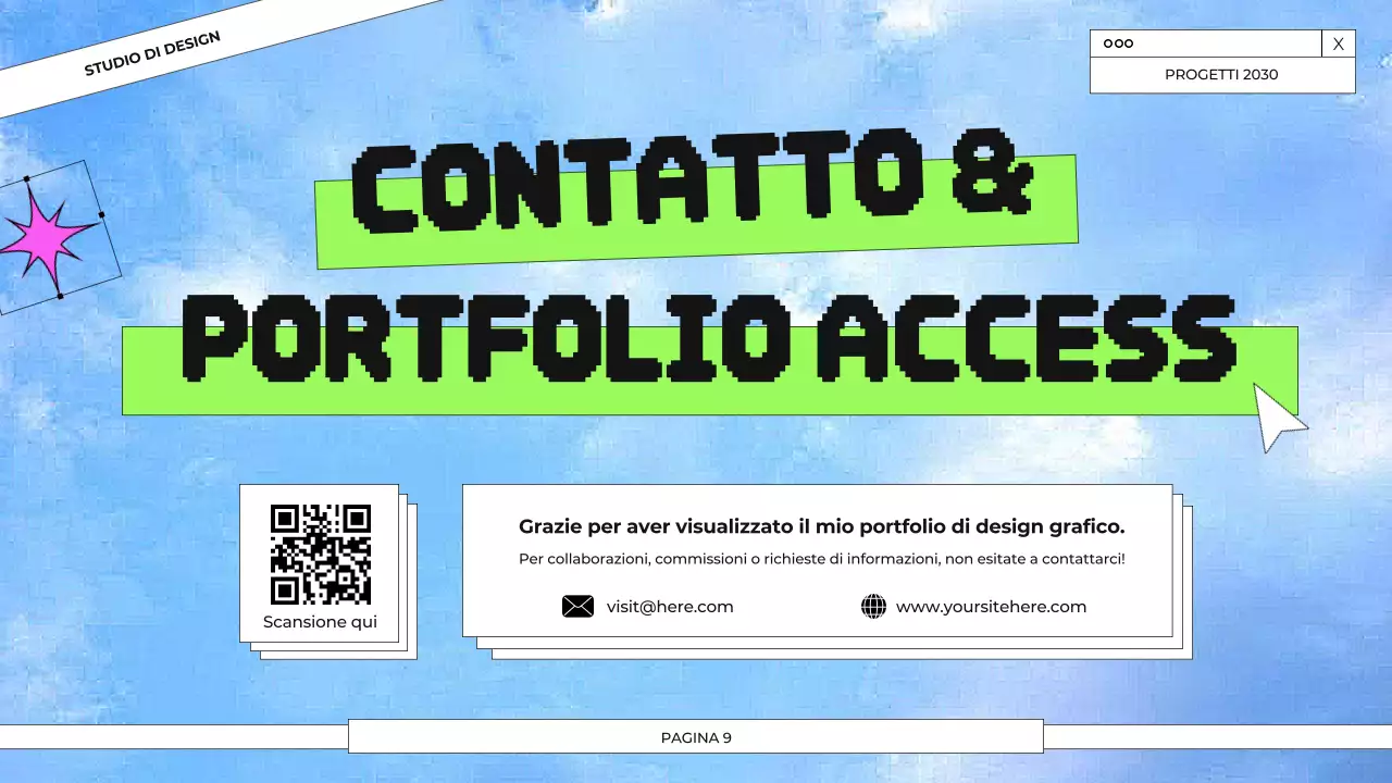 Presentazione del portfolio di progettazione grafica blu e verde