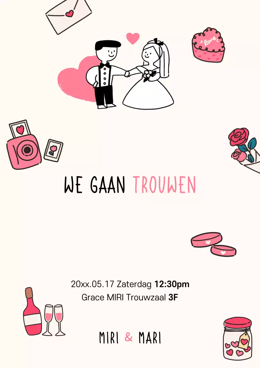 Roze babyhuwelijksuitnodiging