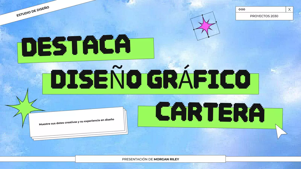 Presentación del portafolio de diseño gráfico en azul y verde