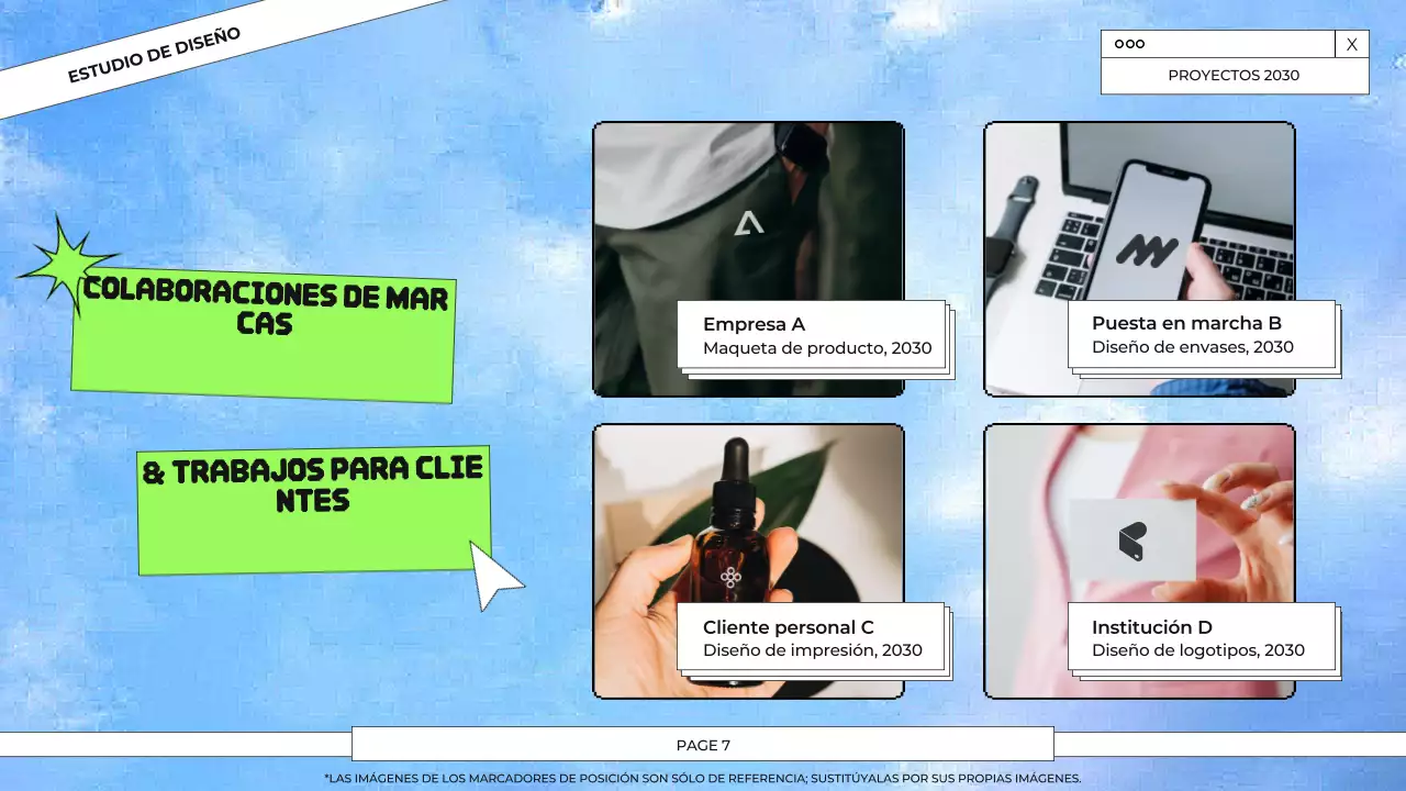 Presentación del portafolio de diseño gráfico en azul y verde