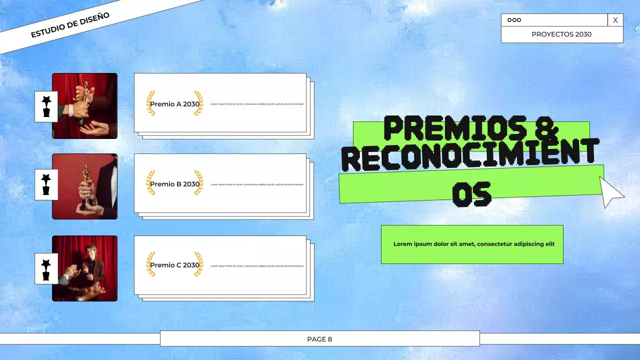 Presentación del portafolio de diseño gráfico en azul y verde