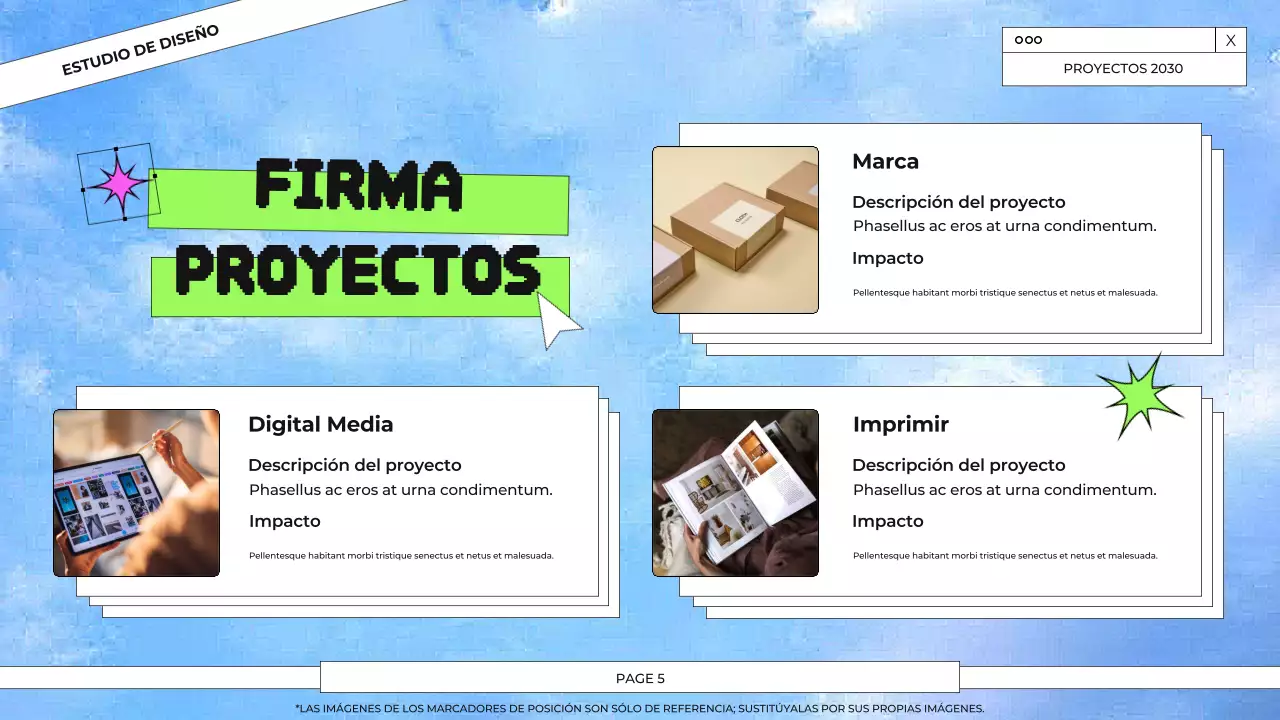 Presentación del portafolio de diseño gráfico en azul y verde