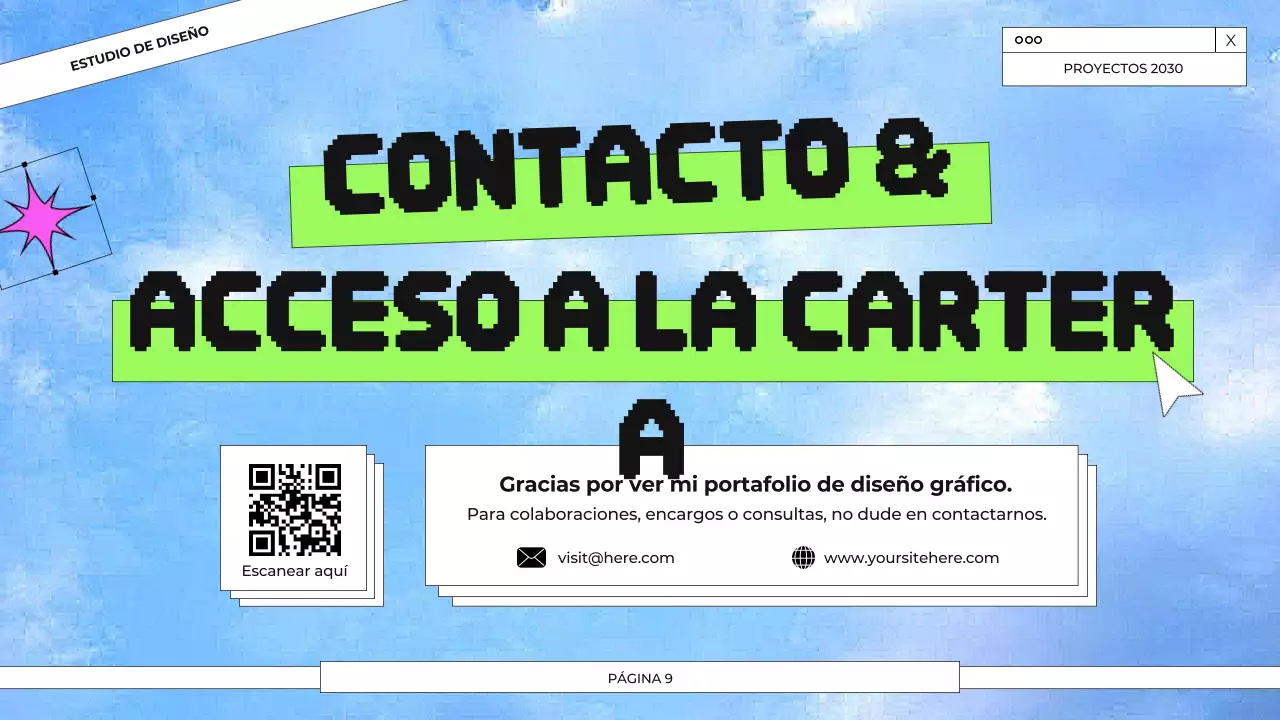 Presentación del portafolio de diseño gráfico en azul y verde